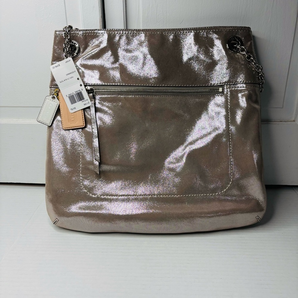 New COACH Silver Metallic Poppy Leather Slim Tote